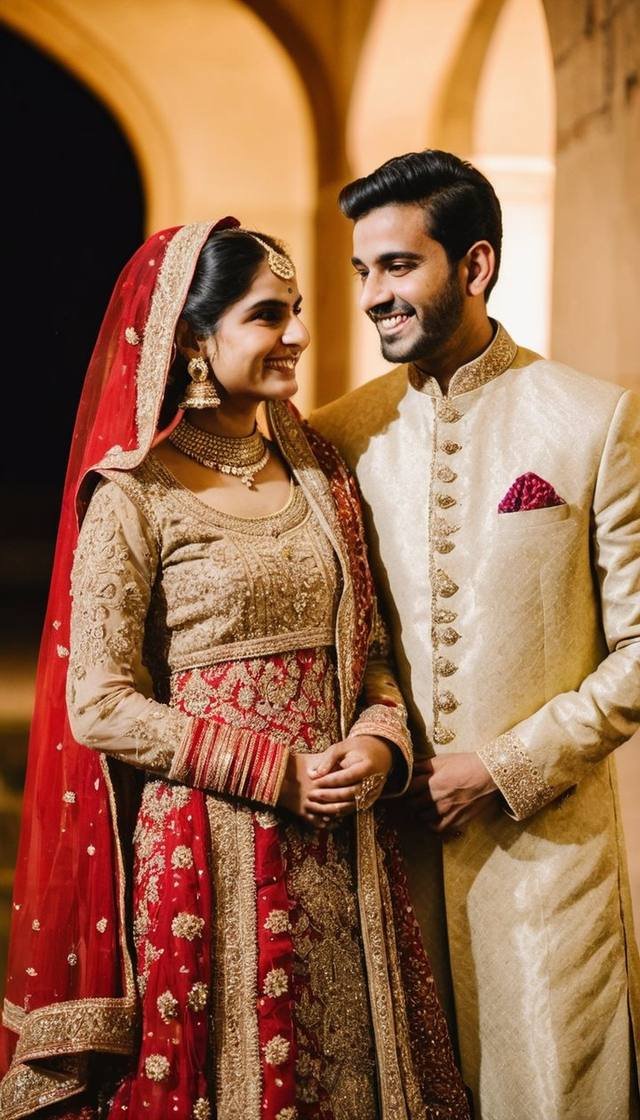 A bride and groom in traditional wedding clothes