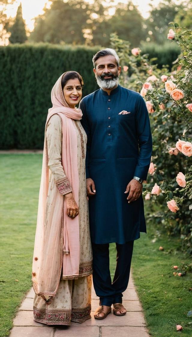 A smiling middle-aged couple standing in a rose garden